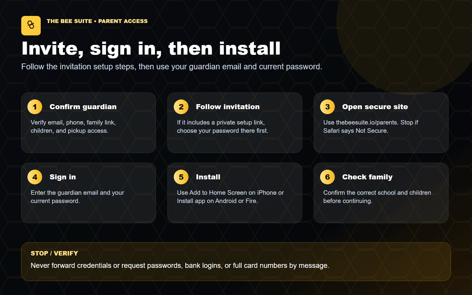 Current six-step parent access and installation flow for The BEE Suite