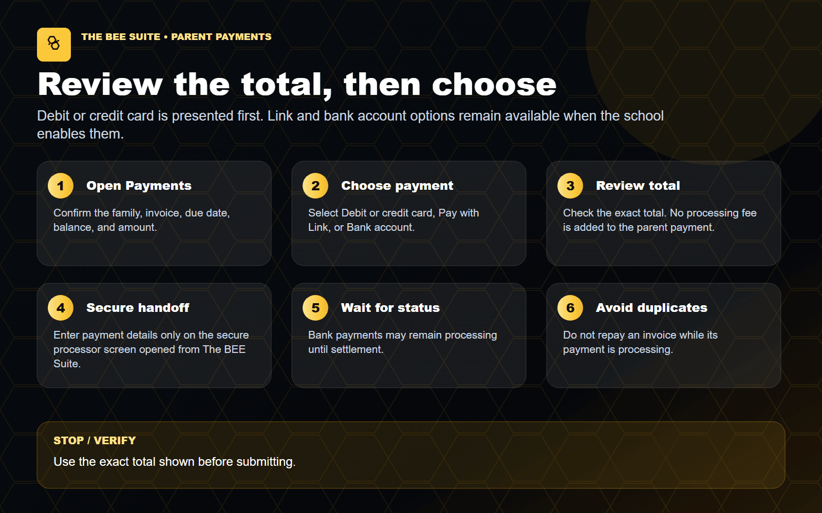 Current parent card, bank, invoice, and autopay payment choices