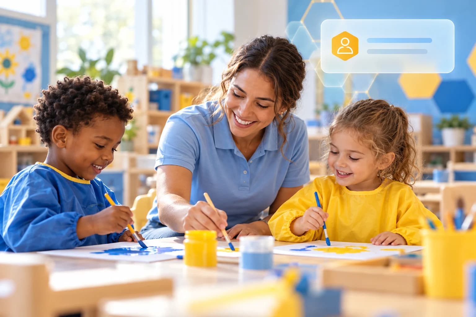 A preschool teacher helps two children paint in a bright blue-and-yellow classroom