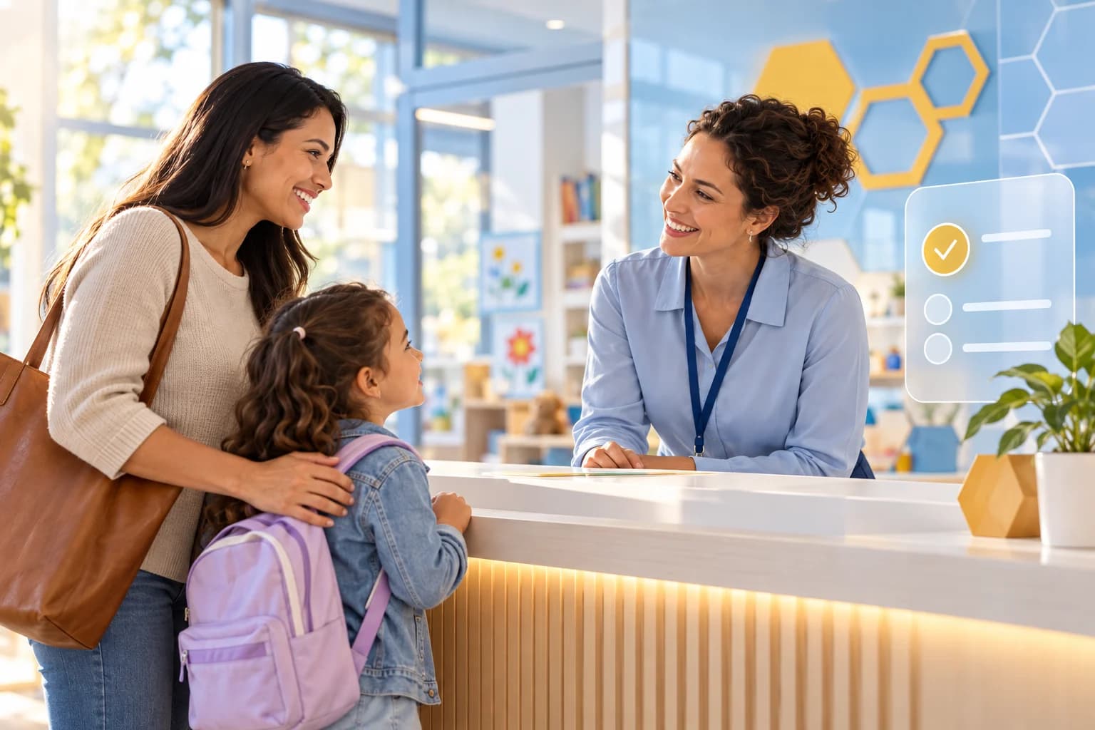 A school director welcomes a parent and child at preschool reception