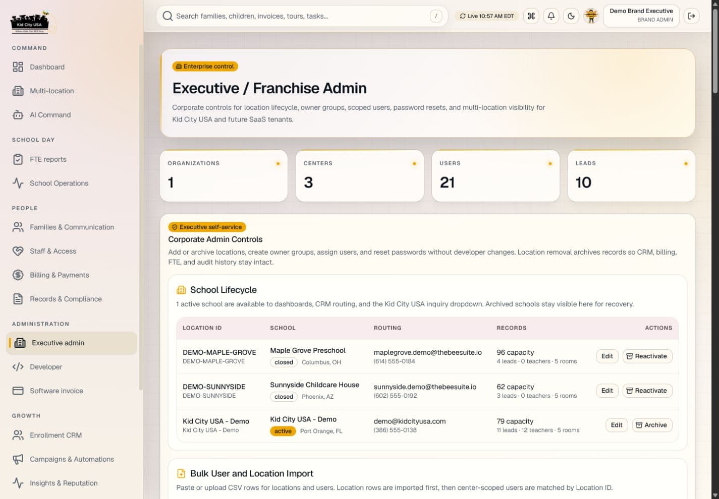 Executive administration workspace shown at a desktop viewport