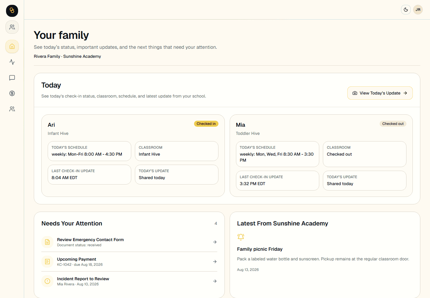 Parent portal overview shown at a desktop viewport