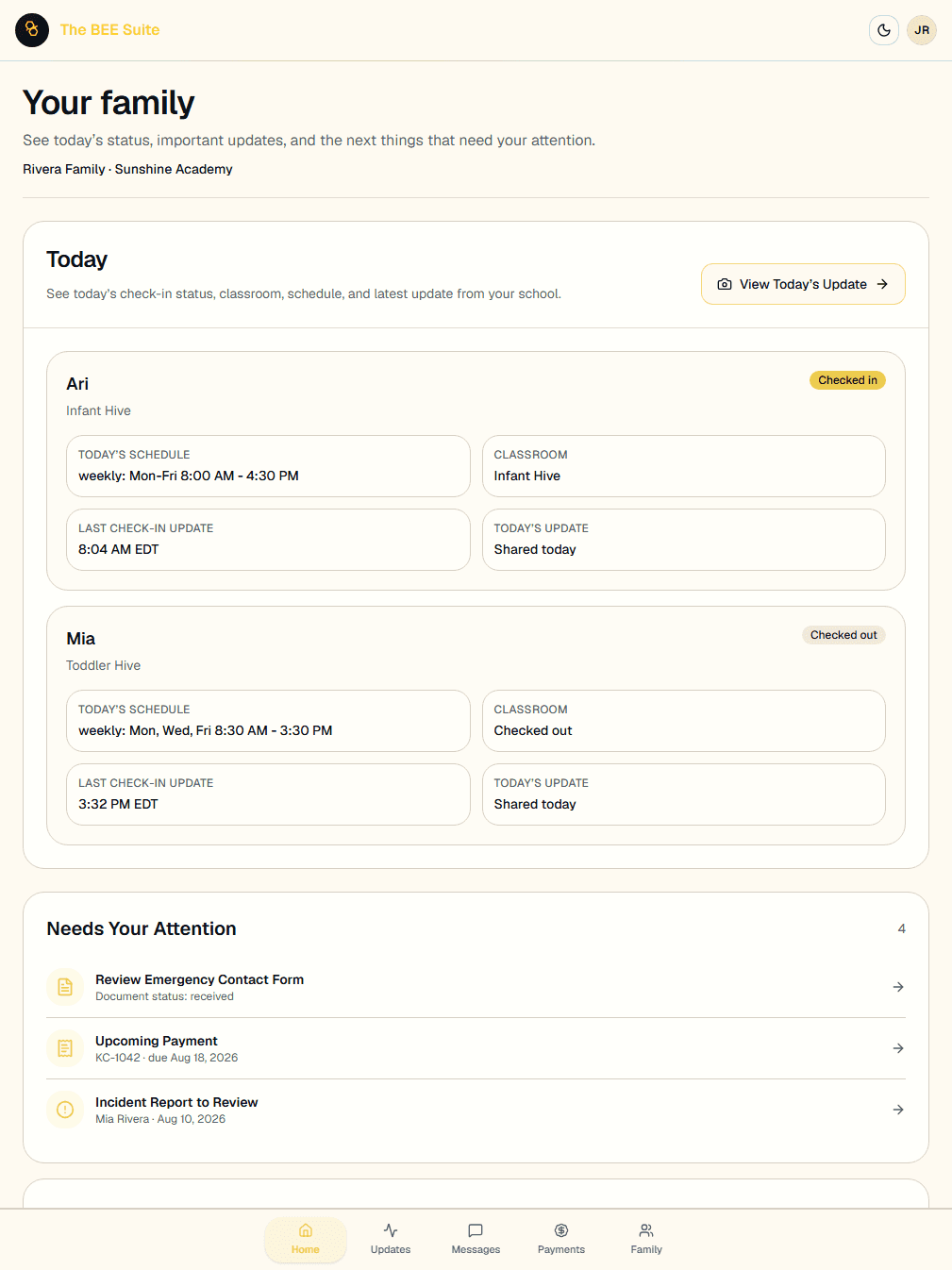 Parent portal overview shown at an iPad viewport