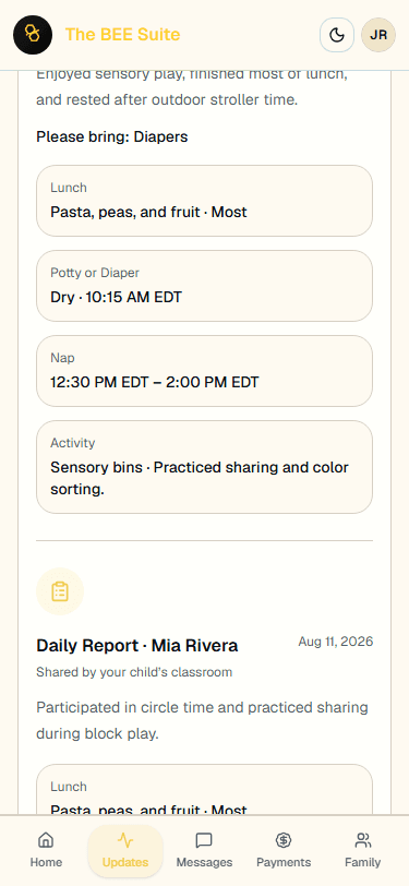 Parent classroom activities shown at an iPhone viewport
