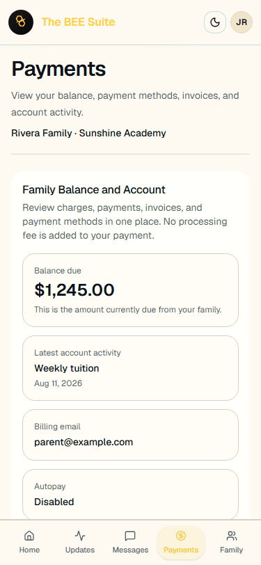 Parent billing and payment options shown at an iPhone viewport