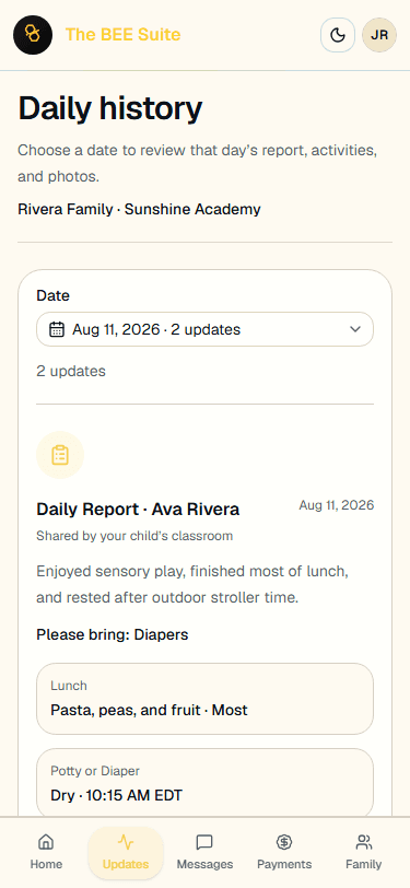 Parent daily reports shown at an iPhone viewport