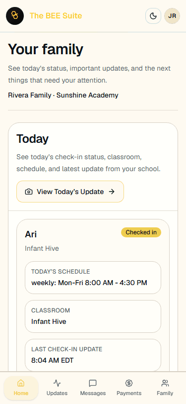 The BEE Suite parent portal on a phone