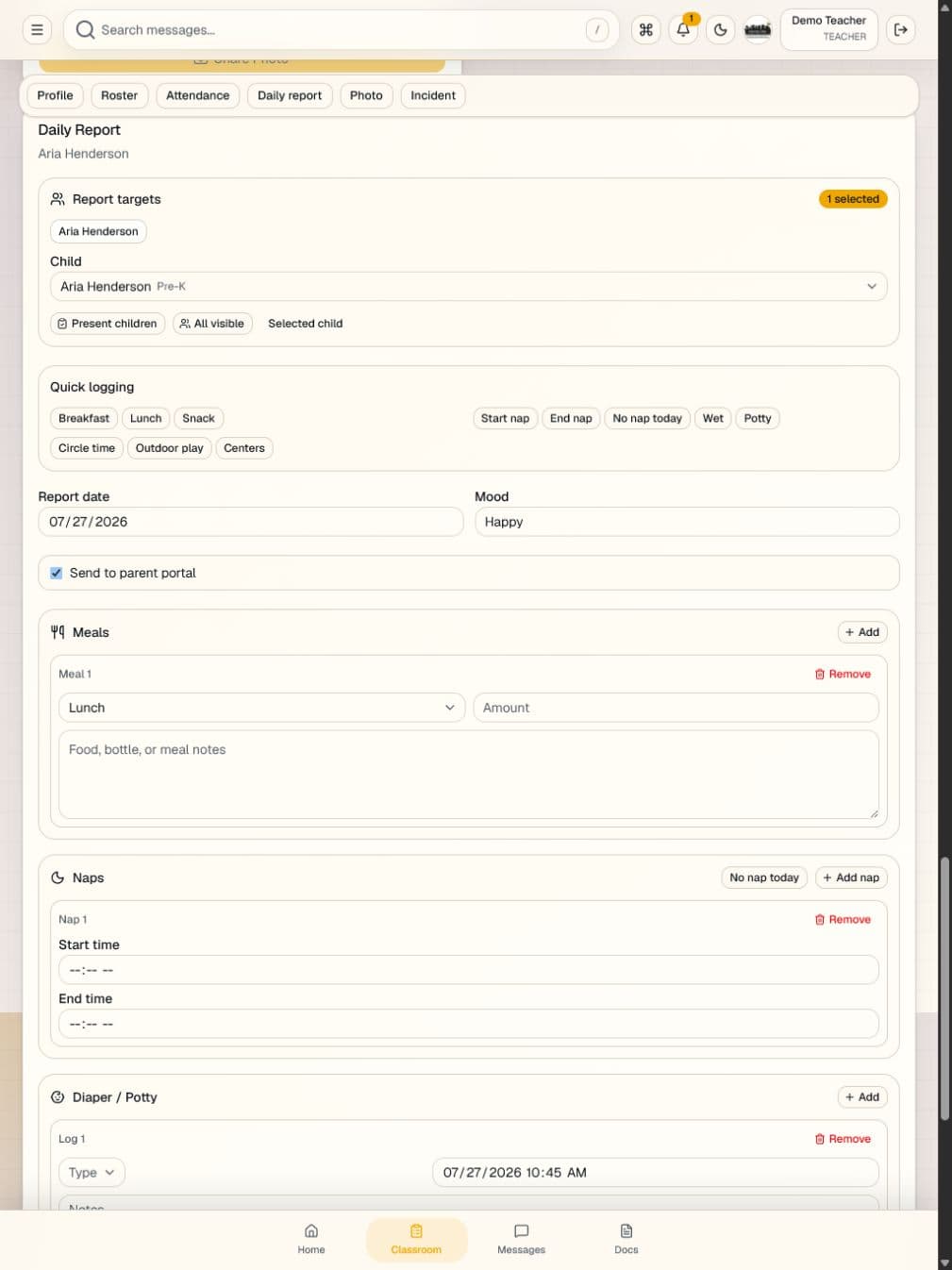 The BEE Suite teacher daily report on a tablet