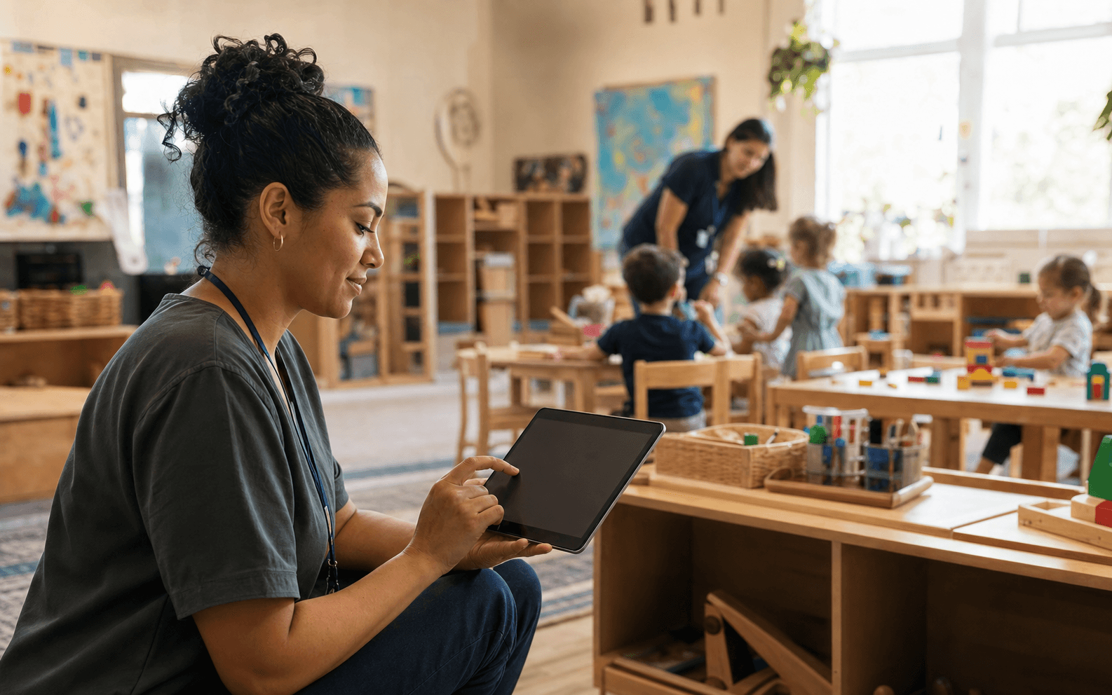 A teacher using The BEE Suite on a tablet in a preschool classroom
